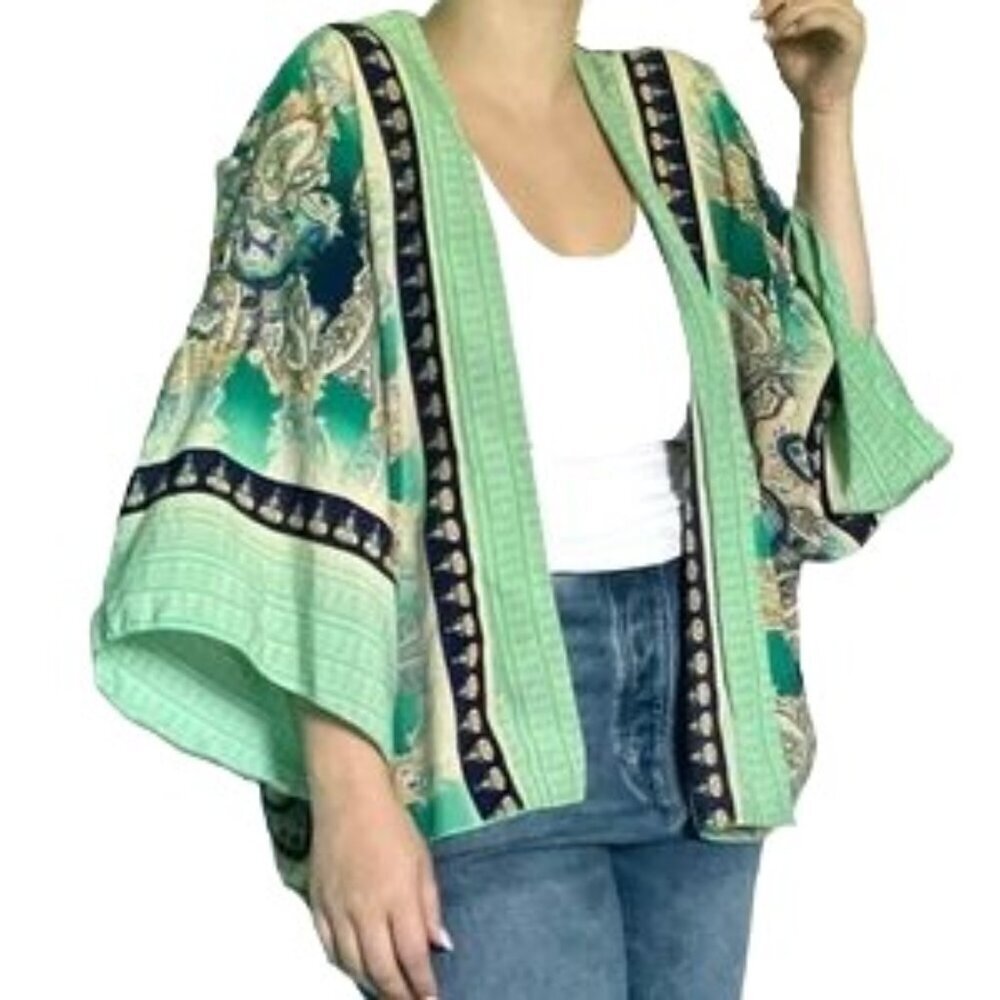 Luii Green and Blue Shrug/Kimono with Geometric Trim, Large